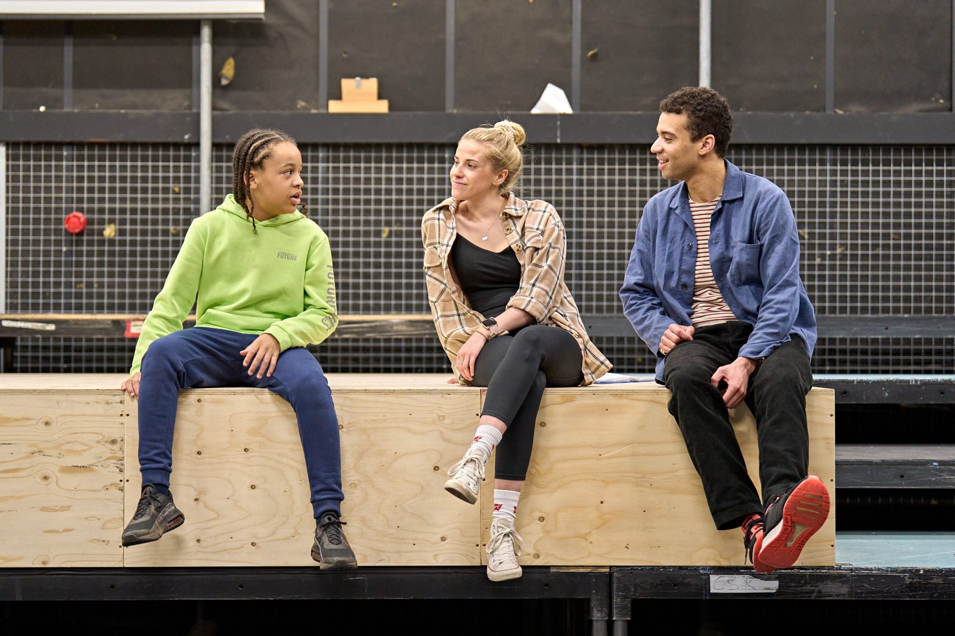Taiden Fairall, Chloe Oxley & Raphael Akuwudike in rehearsal for First Touch (Photo Manuel Harlan)