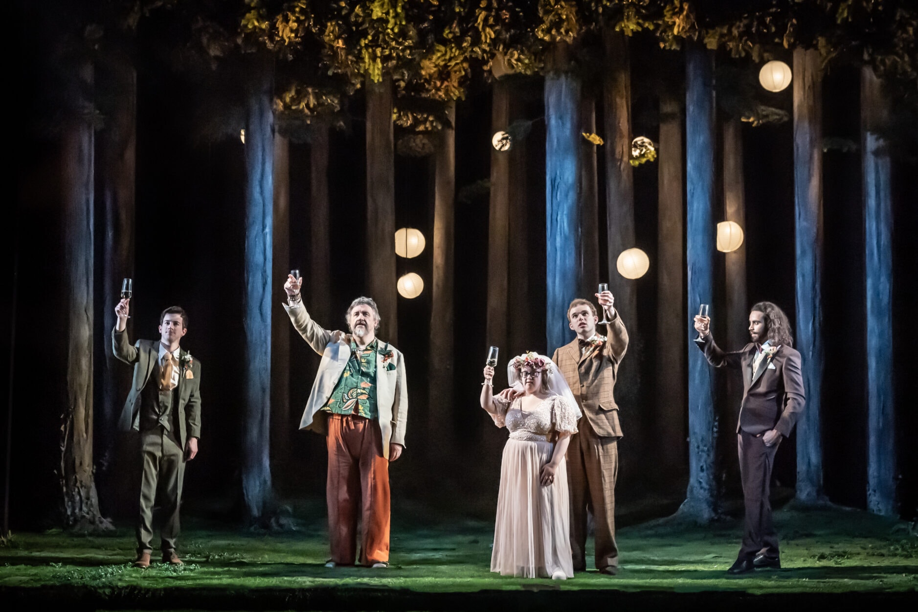 Philip Labey, Mark Benton, Faye Wiggan, Maximilian Fairley and Joseph Langdon  in Village Idiot. Credit Marc Brenner.