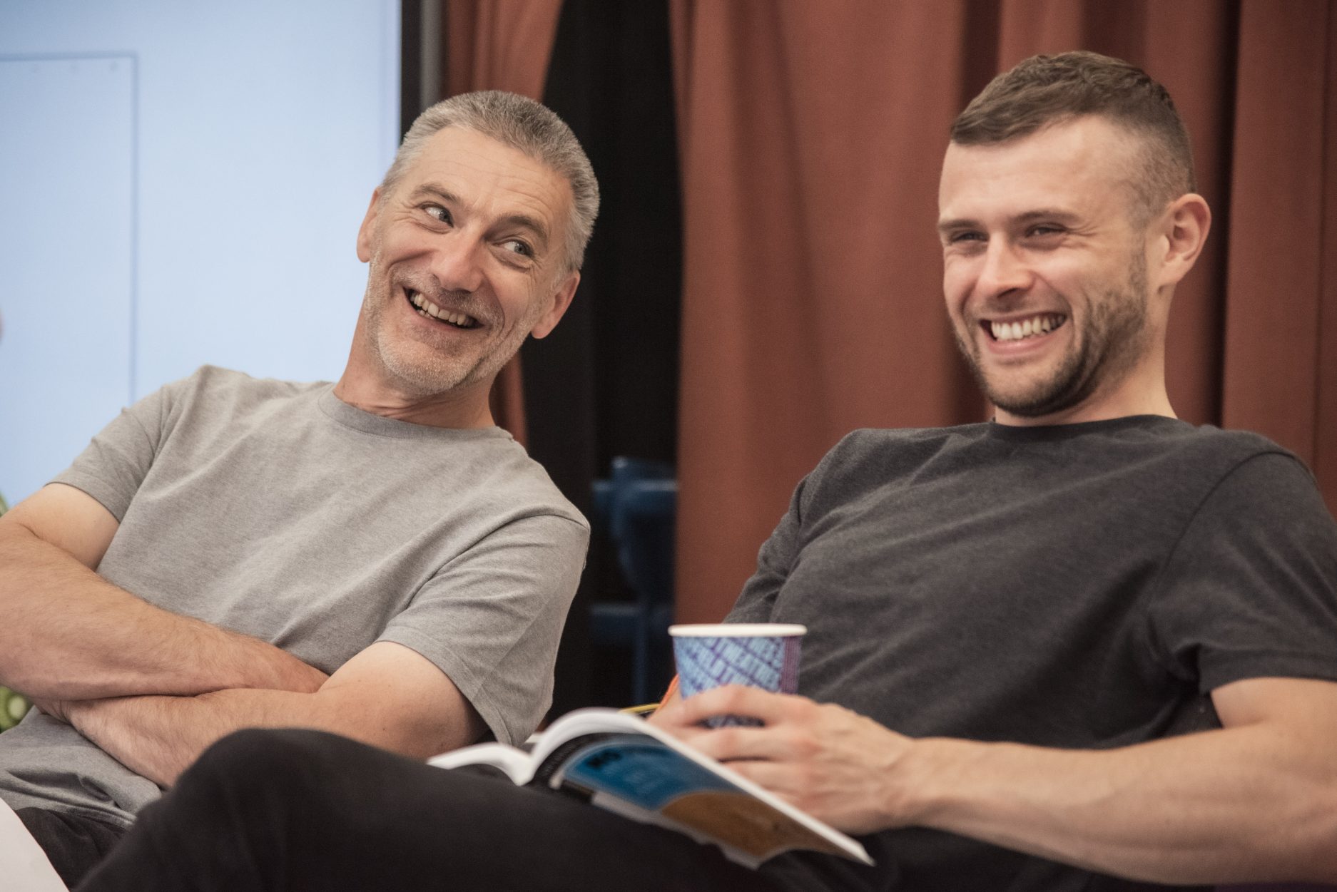 Dave Wycherley and Max Gartery (BSL Interpreters) in rehearsals for Much Ado About Nothing. Photo by Chris Saunders.