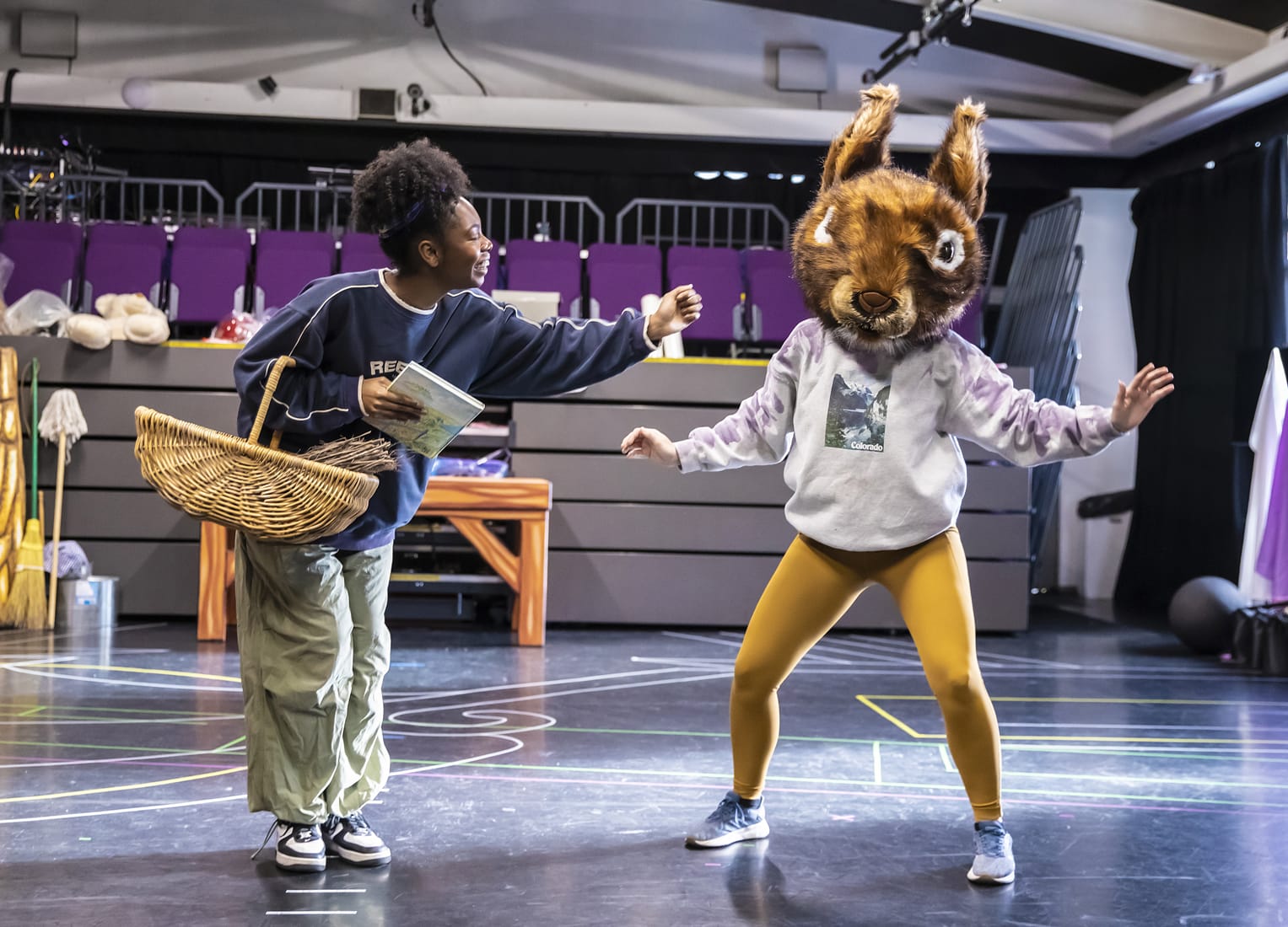 Jewelle Hutchison and Rosanna Bates in rehearsal for Cinderella. Photo by Pamela Raith.