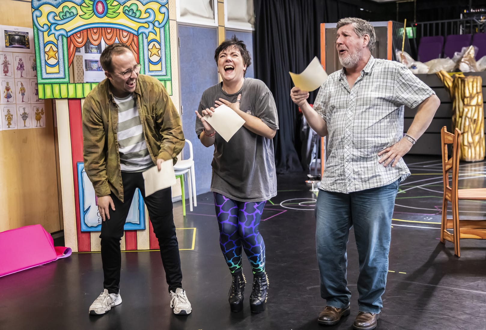 Tom Hopcroft, Alice Redmond and John Elkington in rehearsal for Cinderella. Photo by Pamela Raith.