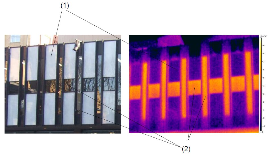 A standard photograph (1) and a thermal image (2) of the exterior of Nottingham Playhouse in 2010.