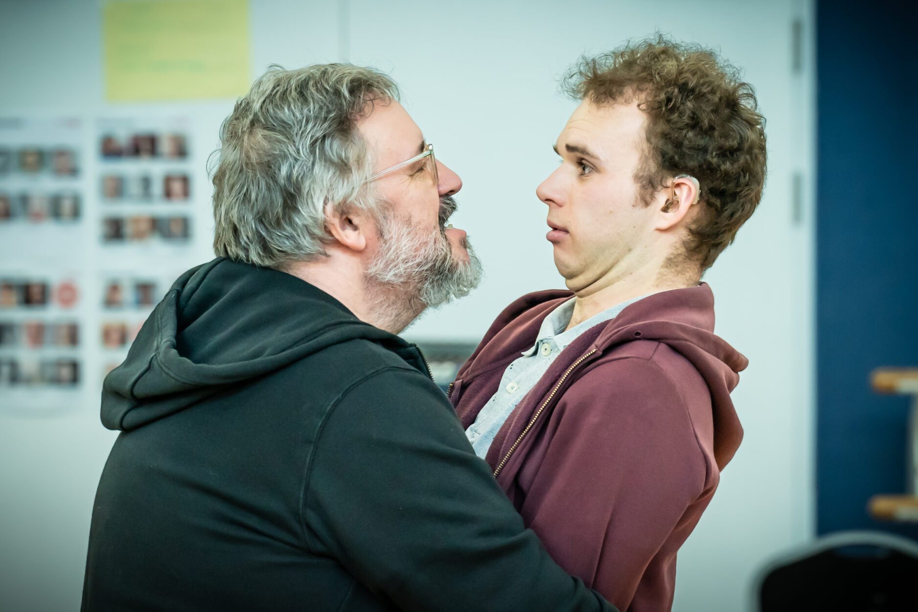 Mark Benton (Kevin) & Maximilian Fairley (Harry) in rehearsals for Village Idiot. Credit Marc Brenner