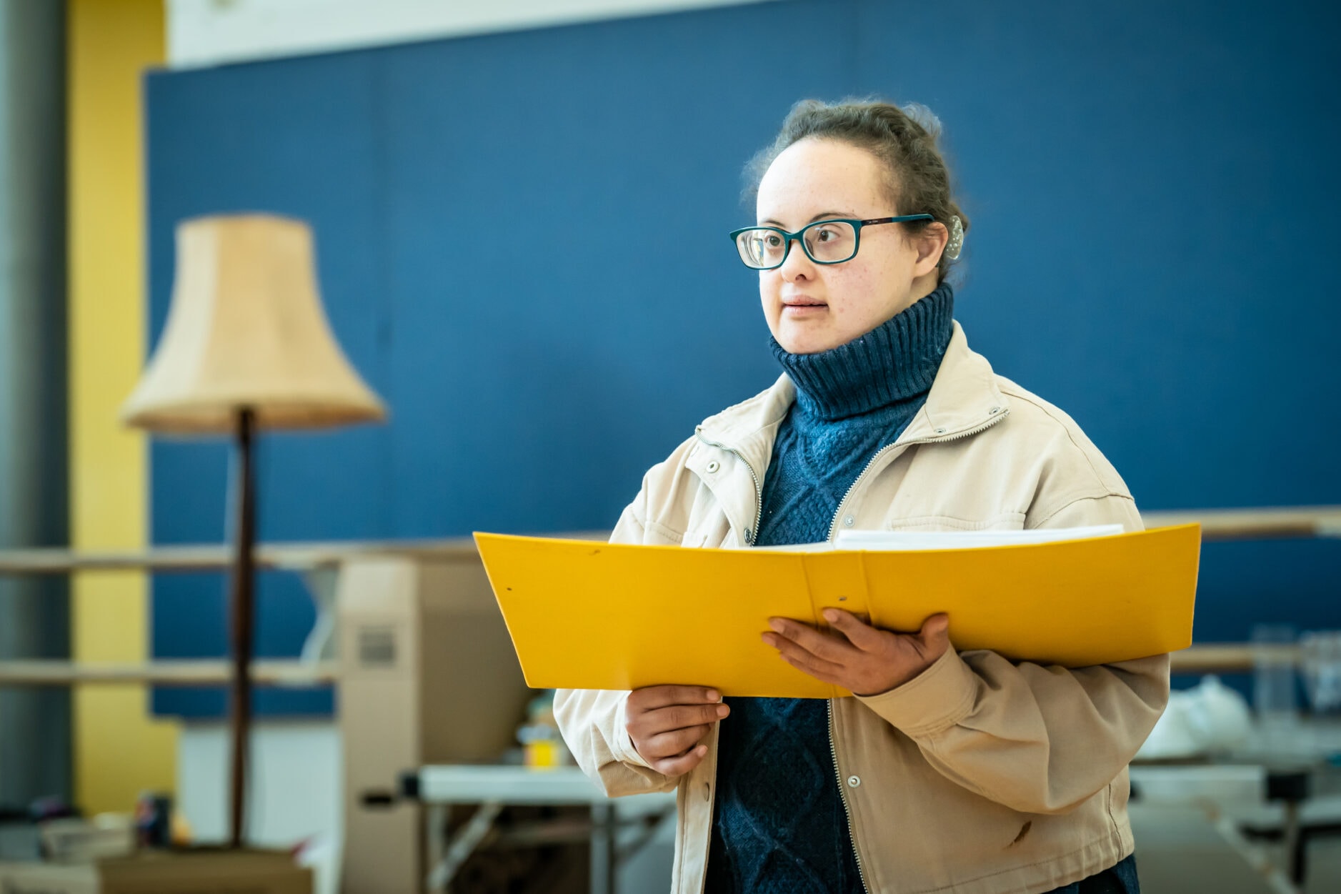 Faye Wiggan (Debbie) in rehearsals for Village Idiot. Credit Marc Brenner
