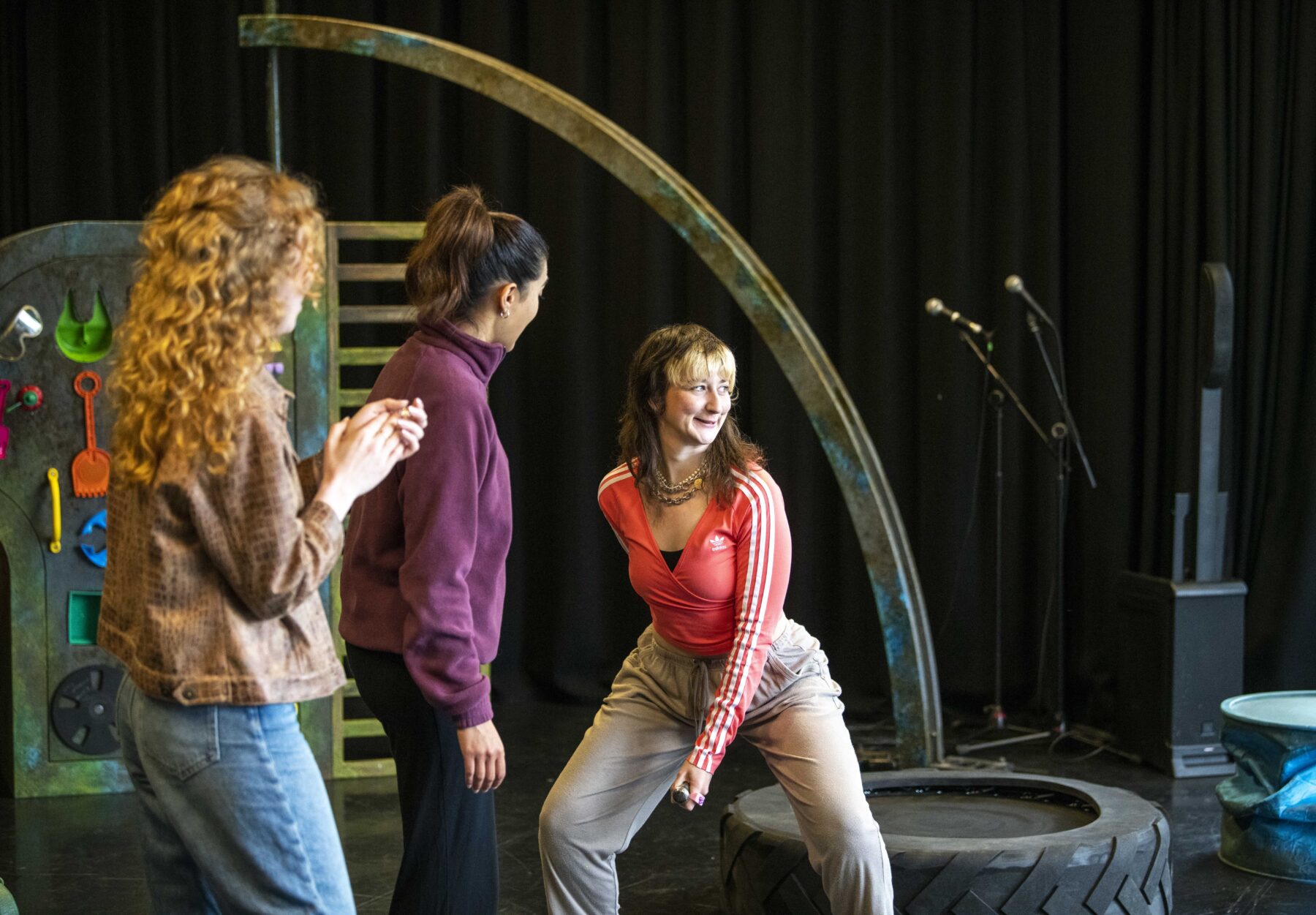 Charlotte East, Lisa Ambalavanar and A K Golding in Twelfth Night rehearsals. (Photo:Tracey Whitefoot)