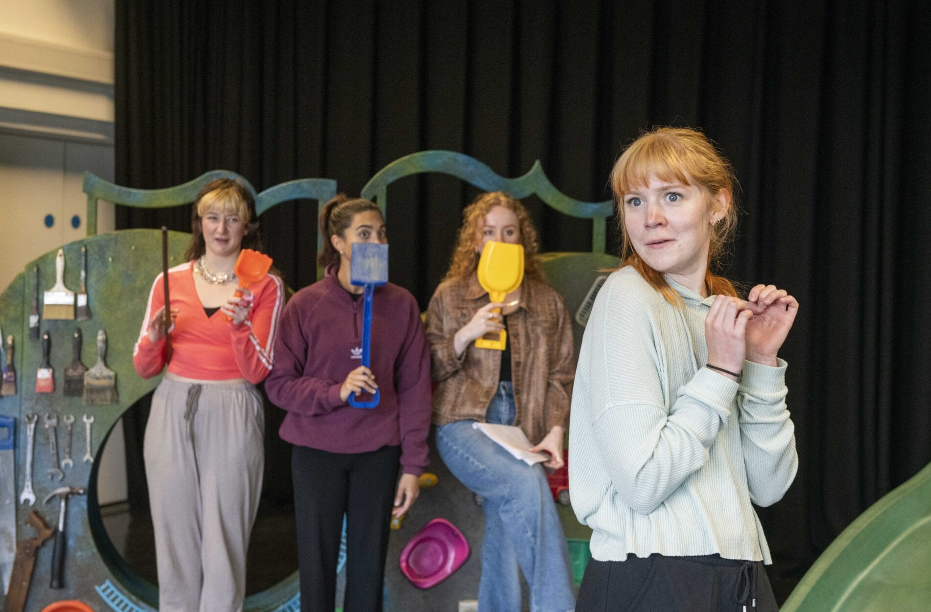 A K Golding, Lisa Ambalavanar, Charlotte East, and Zoë May Dales in Twelfth Night rehearsals. (Photo:Tracey Whitefoot)