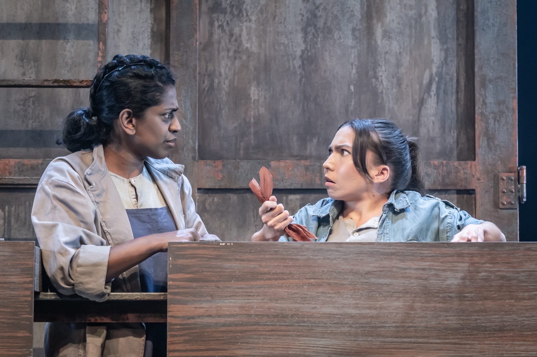 Nadia Nadarajah and Annabelle Davis on stage in The Real and Imagined History of the Elephant Man. 