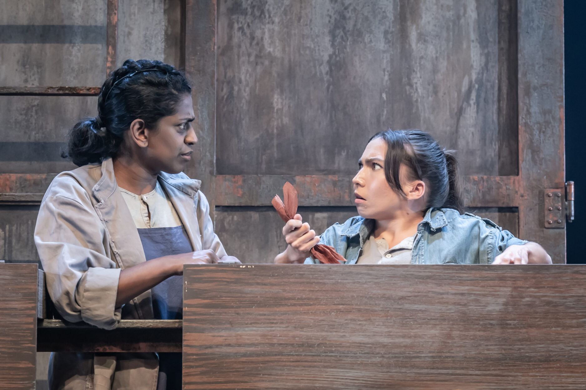 Nadia Nadarajah and Annabelle Davis on stage in The Real and Imagined History of the Elephant Man. 