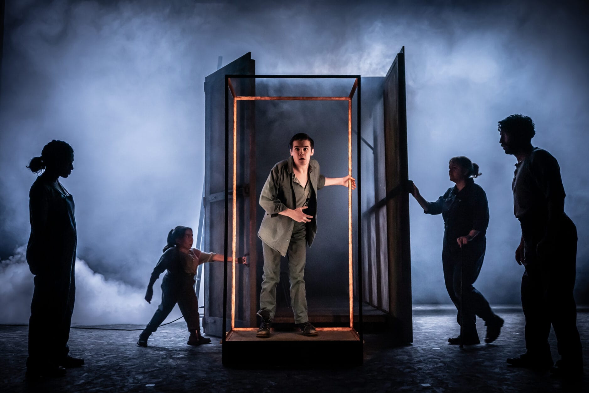 Nadia Nadarajah, Annabelle Davis, Zak Ford-Williams, Daneka Etchells, and Tim Pritchett on stage in The Real and Imagined History of the Elephant Man