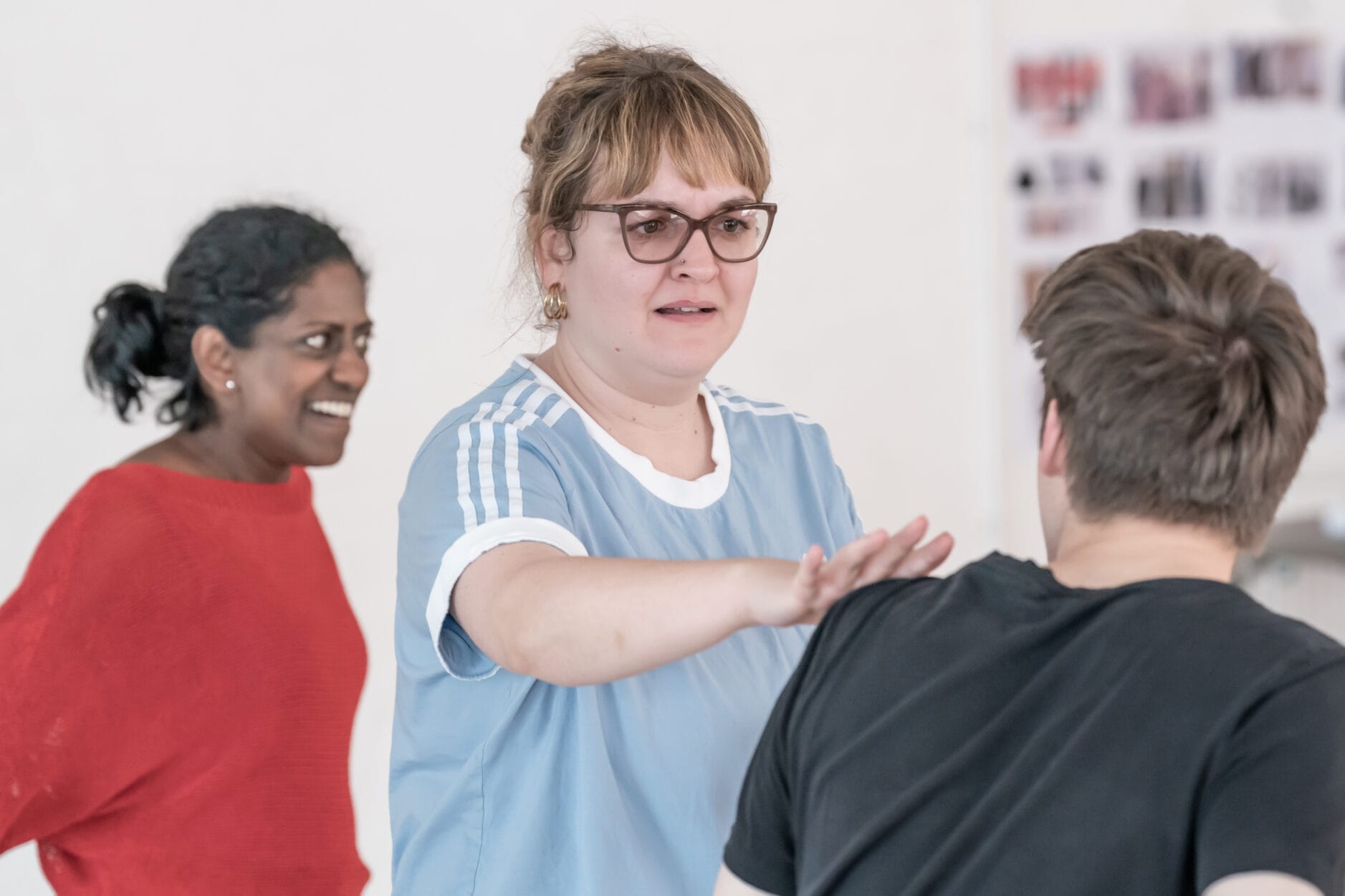 Nadia Nadarajah, Daneka Etchells and Zak Ford-Williams in rehearsal for The Real & Imagined History of the Elephant Man