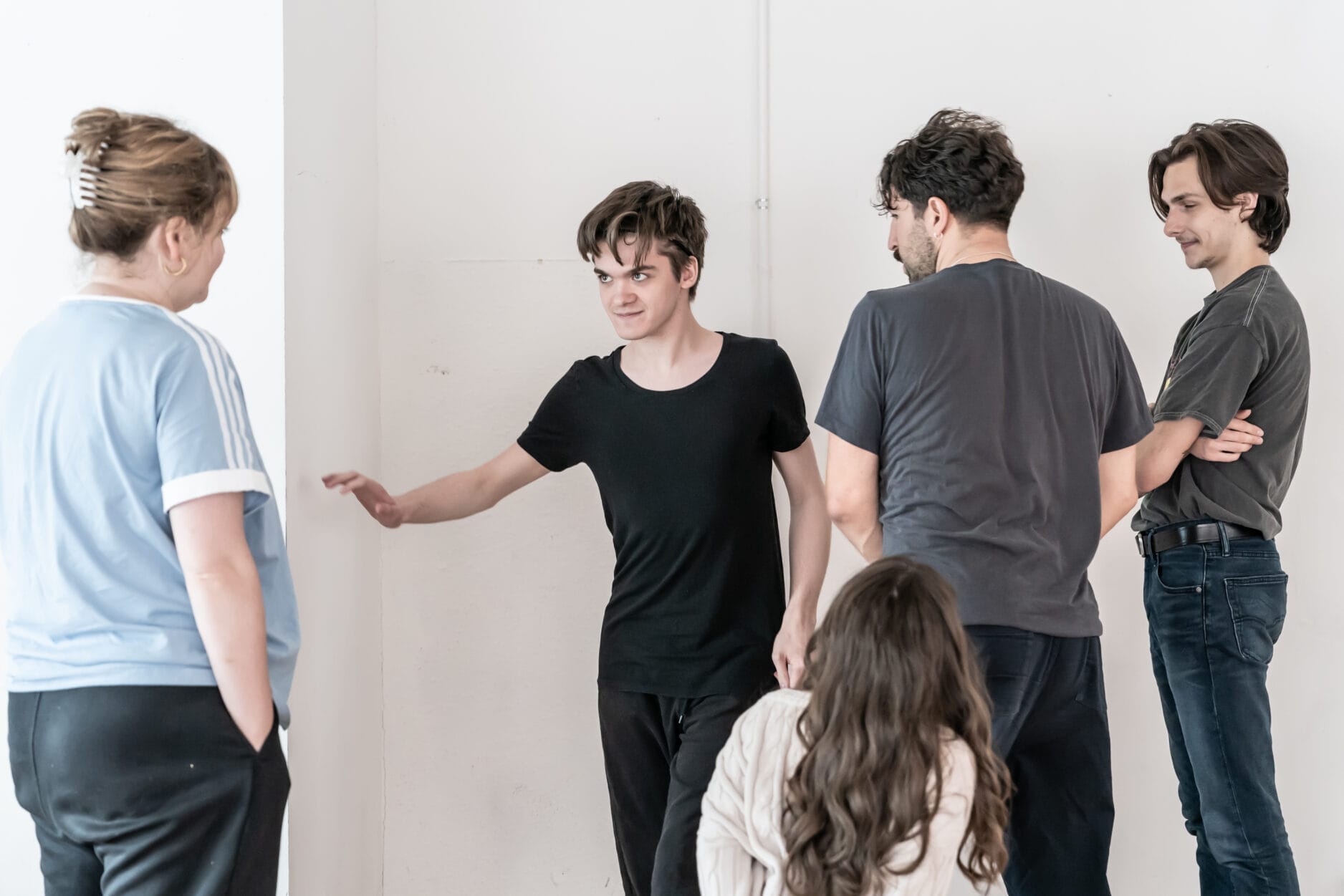 Killian Thomas Lefevre, Zak Ford-Williams, Tim Pritchett, Annabelle Davis, Daneka Etchells and Nadia Nadarajah in rehearsal for The Real & Imagined History of the Elephant Man