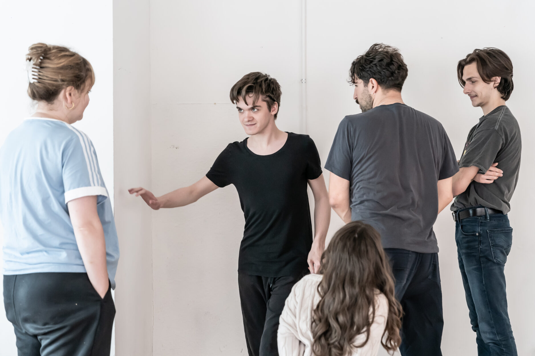 Killian Thomas Lefevre, Zak Ford-Williams, Tim Pritchett, Annabelle Davis, Daneka Etchells and Nadia Nadarajah in rehearsal for The Real & Imagined History of the Elephant Man