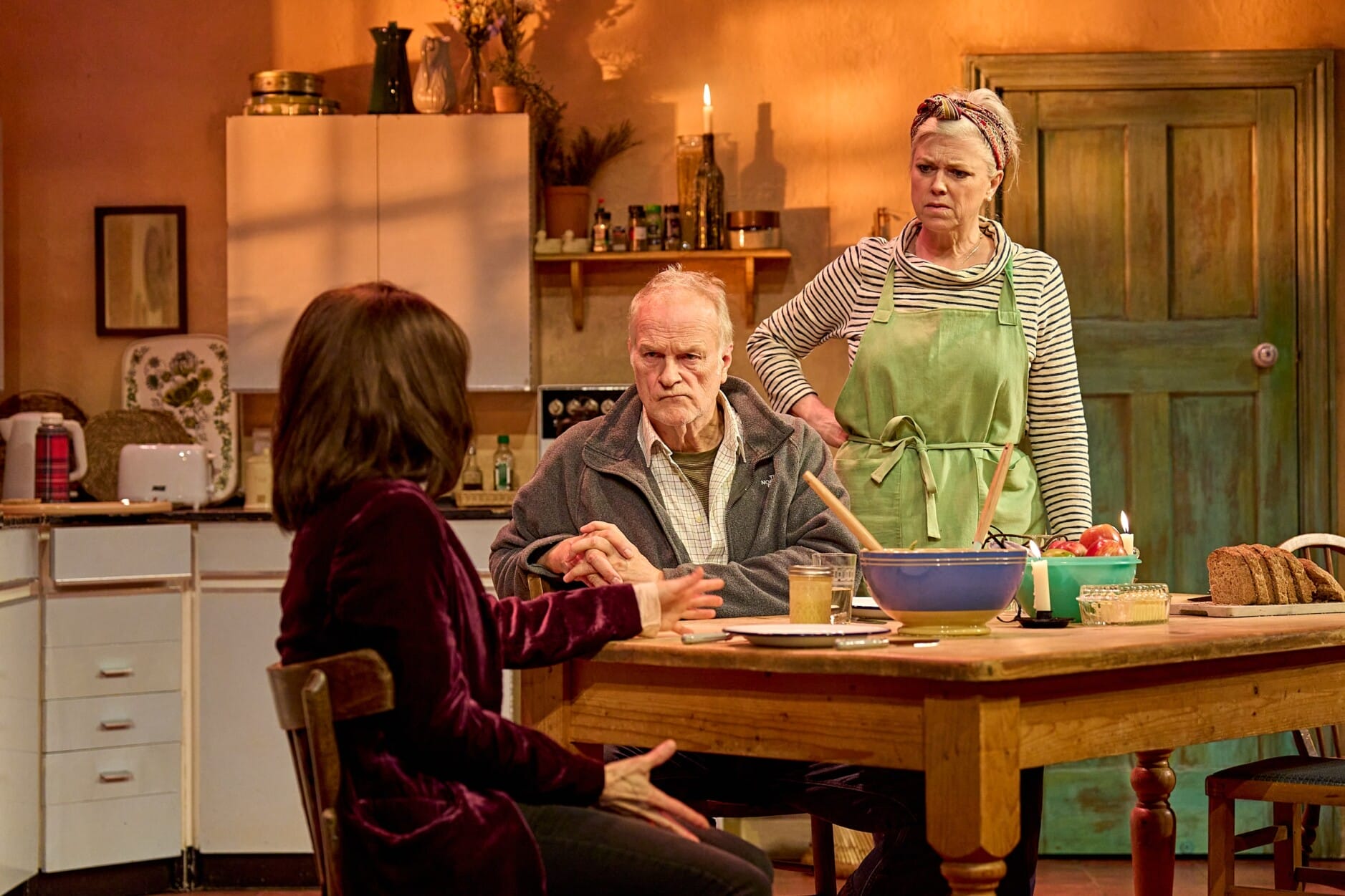 Sally Dexter as Rose, Clive Mantle as Robin and Caroline Harker as Hazel in The Children. Photo by Manuel Harlan.