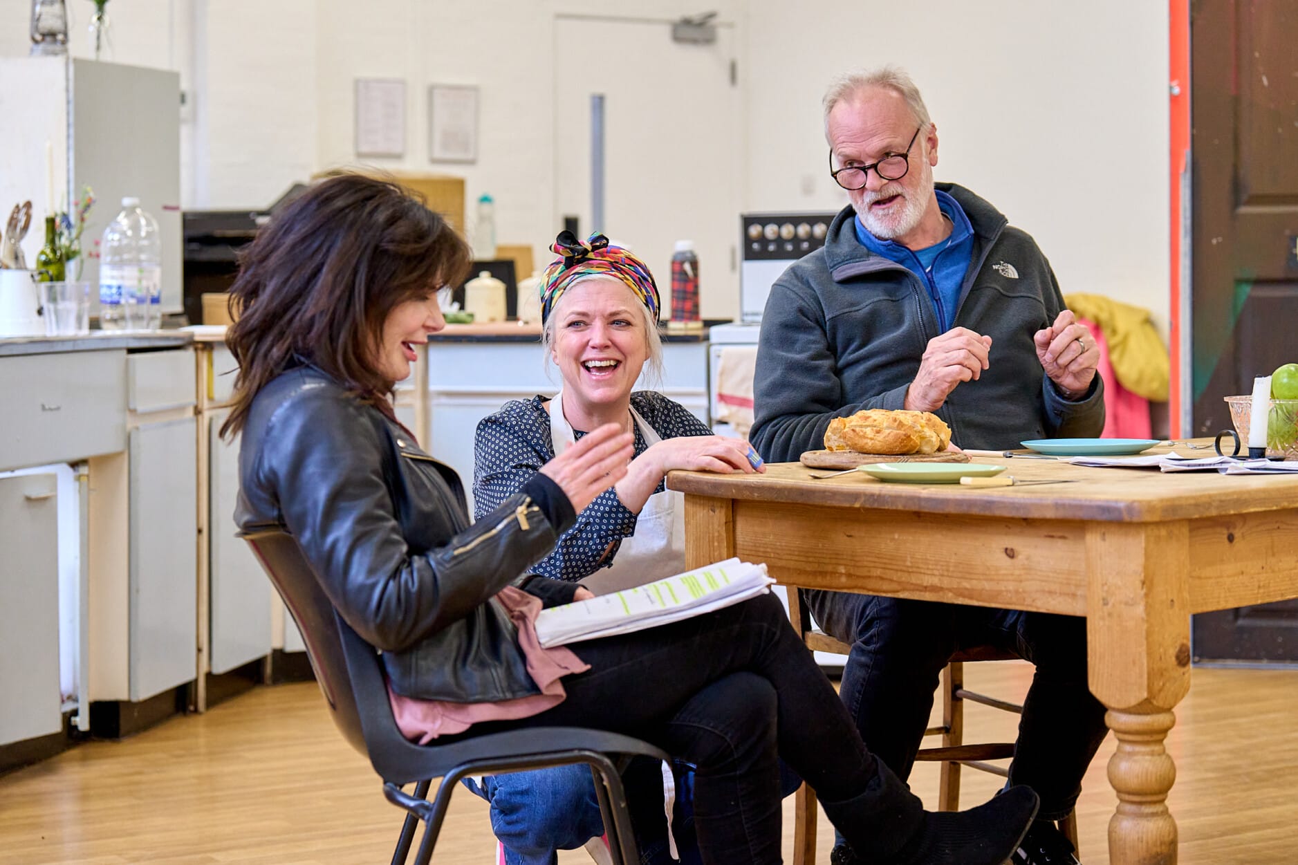 Sally Dexter, Caroline Harker and Clive Mantle in rehearsal for The Children. Photo by Manuel Harlan.