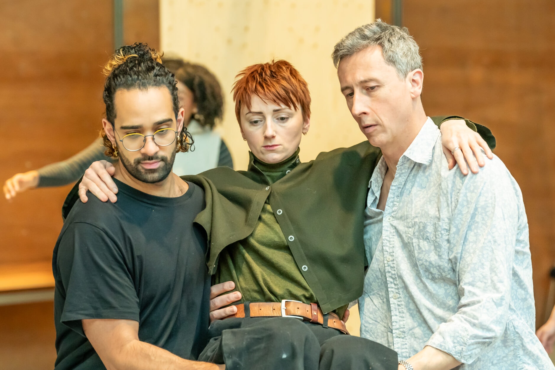 Ricardo Castro, Jodie McNee and Nicholas Rowe in rehearsal for Minority Report. Photo by Marc Brenner.