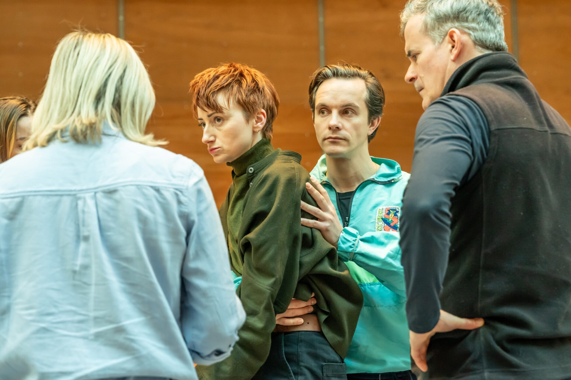 Jodie McNee, Danny Collins and Nick Fletcher in rehearsal for Minority Report. Photo by Marc Brenner.