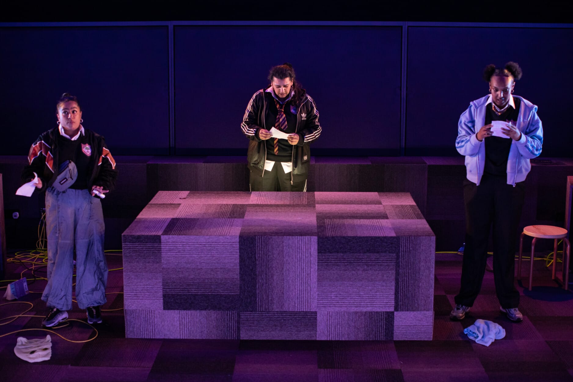 Halema Hussain as Xara, Vaneeka Dadhria as Ruqaya and Asha Hassan as Sabi in Liberation Squares. Photo by Ali Wright.