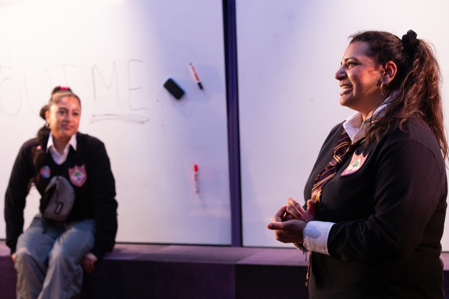 Vaneeka Dadhria as Ruqaya in Liberation Squares, with Halema Hussain as Xara. Photo by Ali Wright.