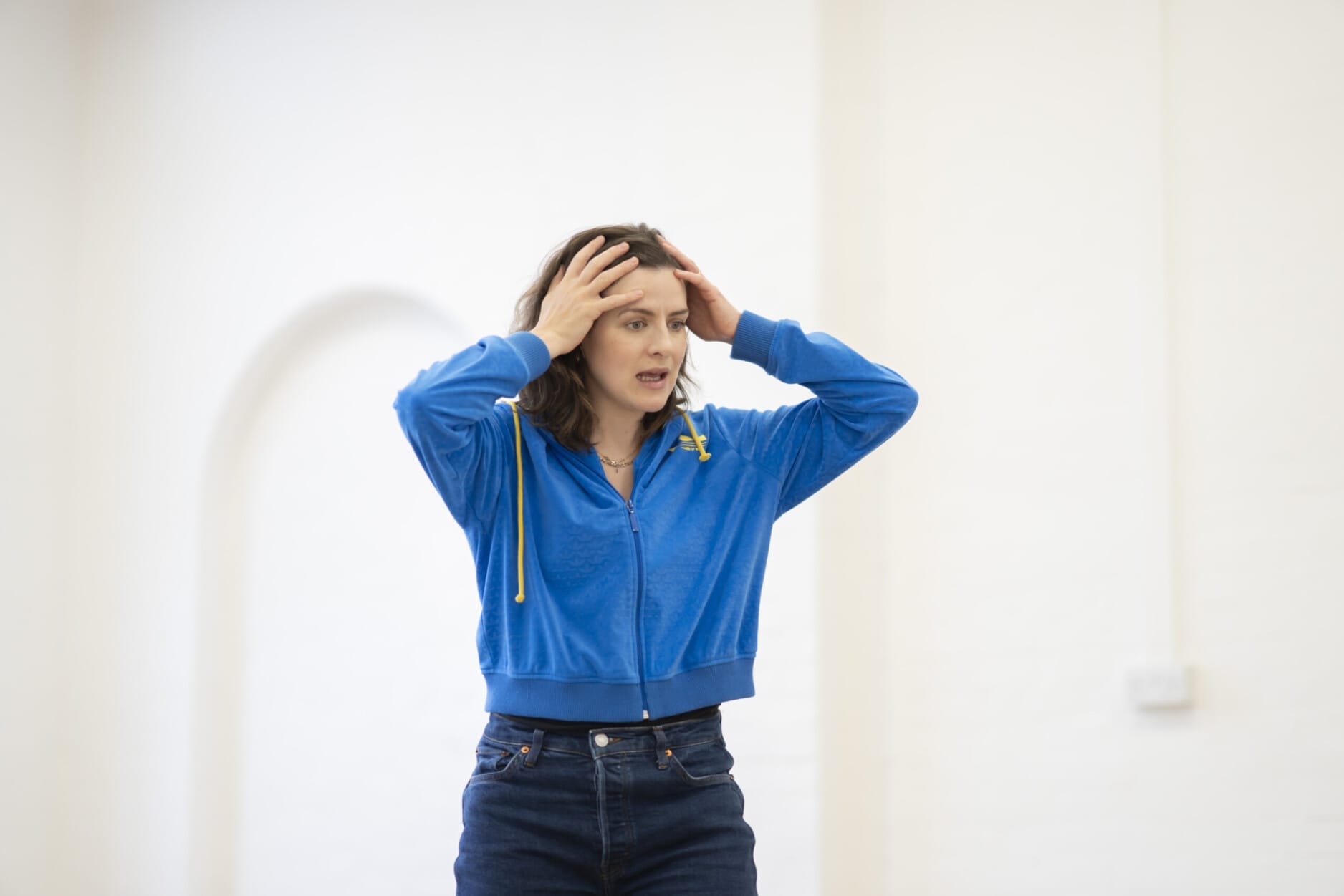 Aisling Loftus in rehearsal for Girls & Boys. Credit: Johan Persson