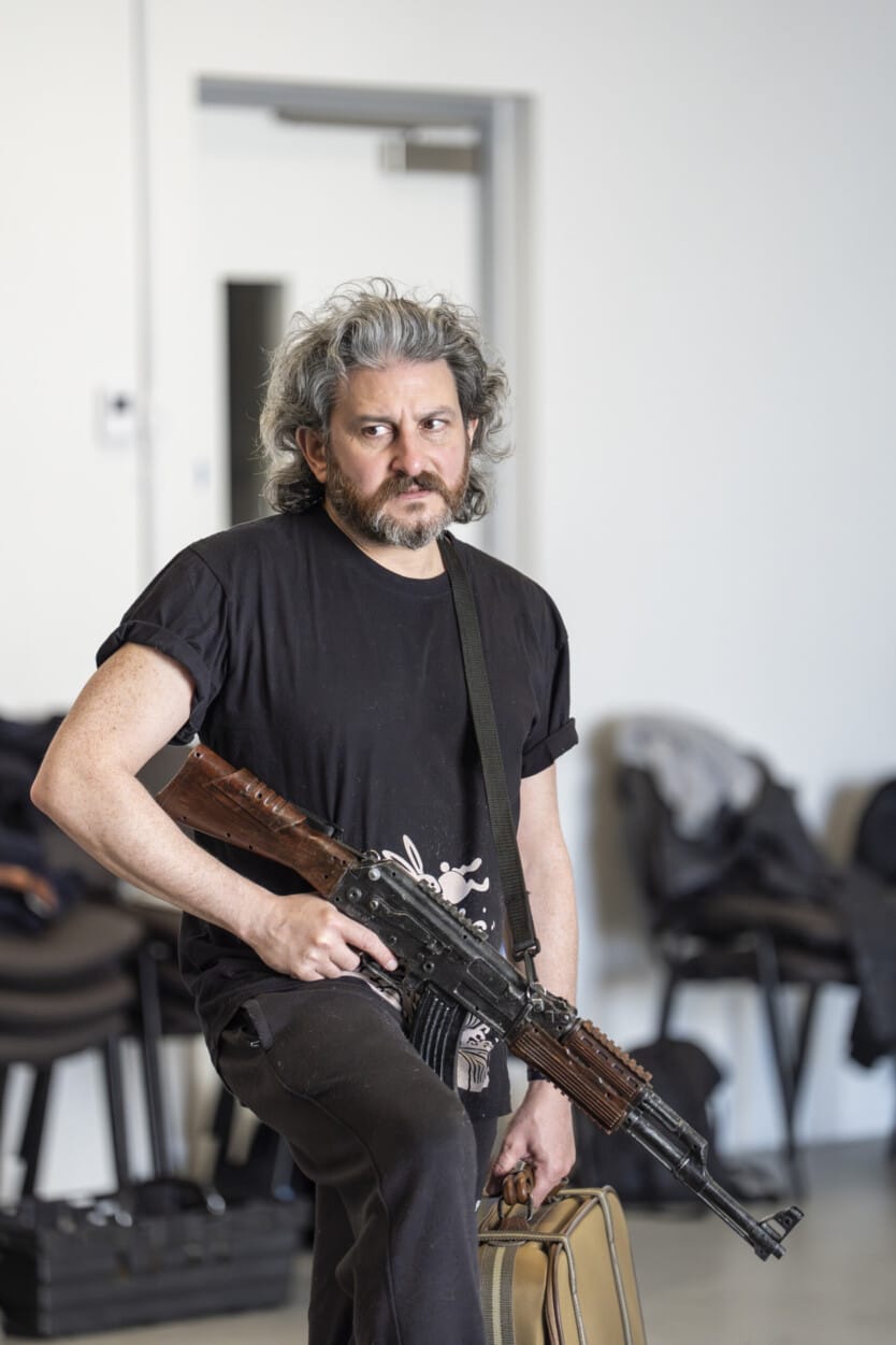 David Ahmad (Babi, Mullah Faizullah, Zaman, and Militiaman) in rehearsal. (Photo Ellie Kurtz)