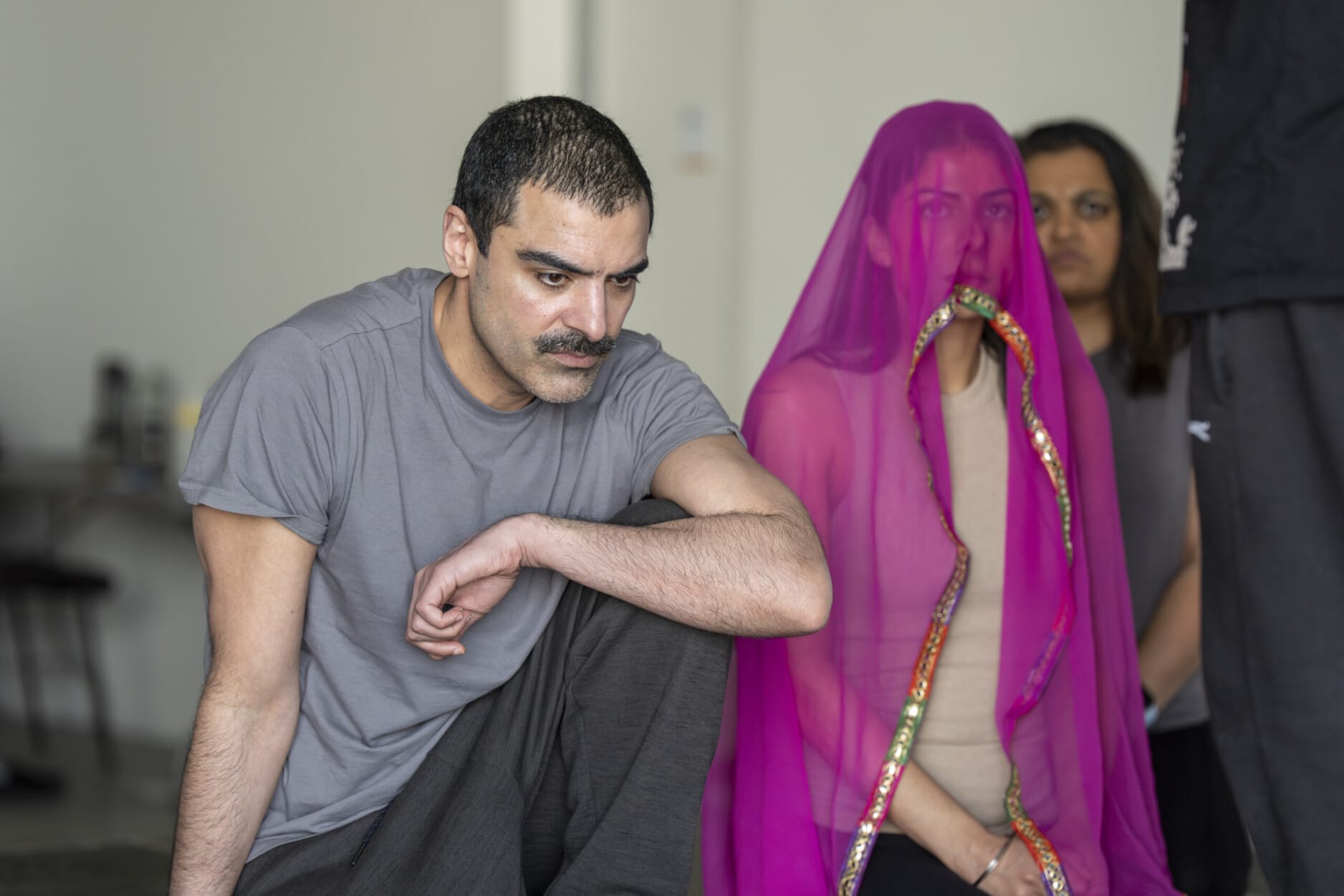 Jonas Khan (Rasheed), Kerena Jagpal (Laila) and Rina Fatania (Mariam) in rehearsal. (Photo Ellie Kurtz)  