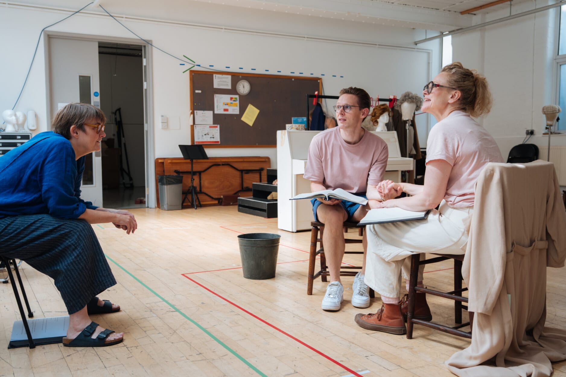 Sarah Frankcom, Samuel Barnett and Maxine Peake in rehearsal